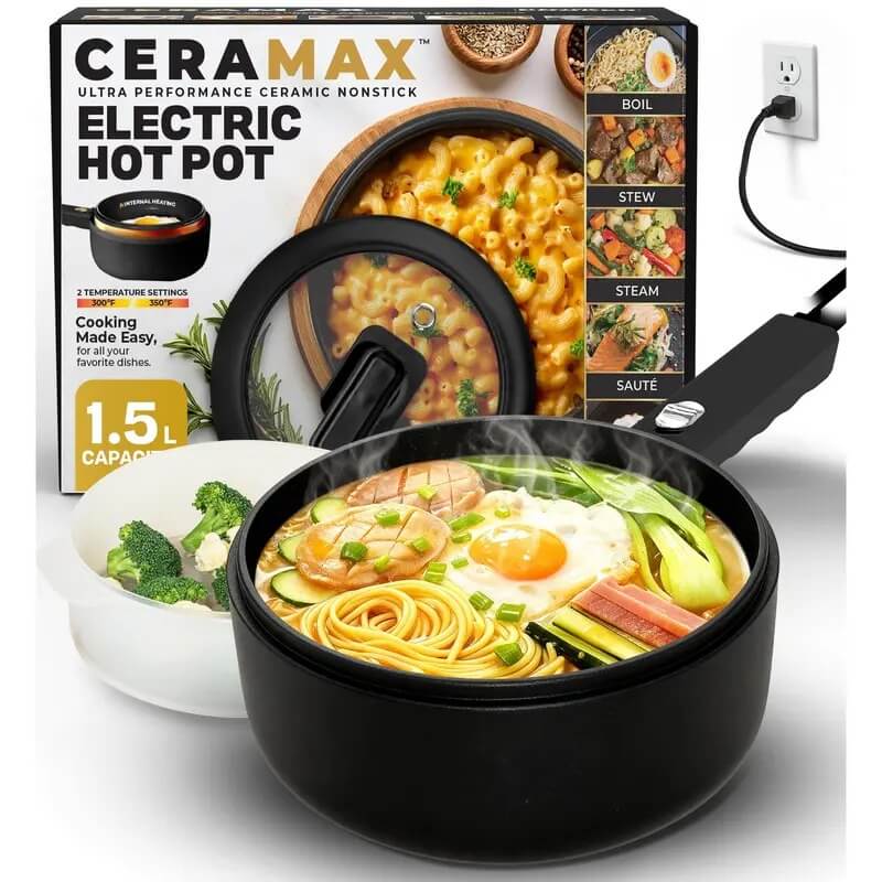Multifunctional Electric Cooker with Nonstick Ceramic Pan, Lid & Steamer for Hot Pot, Cooking and Everyday Meals